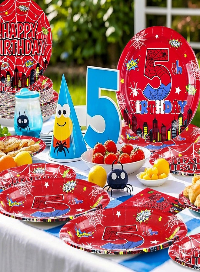 Grencian 96Pcs Cartoon Spider Birthday Party Decorations Red Blue Spider 5th Birthday Party Plates Disposable Super Theme Paper Tableware Set for Spider Kids 5 Year Old Supplies, Serves 24 - Image 5